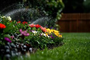 Colorful Flowers Being Watered in a Well-Maintained Garden During a Sunny Day. photo