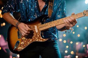 Musician Performs Passionately on Stage During Live Concert in Vibrant Lighting. photo