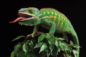 Colorful Green Lizard Perched on Branch Surrounded by Vibrant Leaves in a Close up View photo