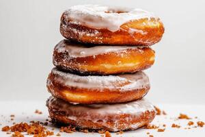 Delicious Stack of Glazed Donuts on a White Surface With More Donuts in the Background. photo
