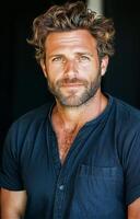 Handsome Man With Curly Hair and Beard Posing Confidently Against a Dark Background photo