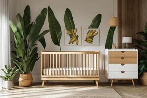 Modern Nursery Design Featuring a Crib and Changing Table With Greenery for a Soothing Atmosphere. photo
