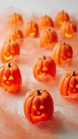 Decoratively Carved Pumpkins Glowing With Smiles During a Festive Autumn Celebration. photo