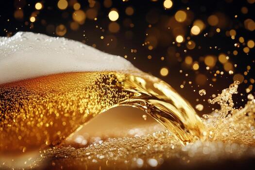 Golden Beer Flowing With Frothy Foam and Sparkling Bubbles in a Festive Atmosphere photo