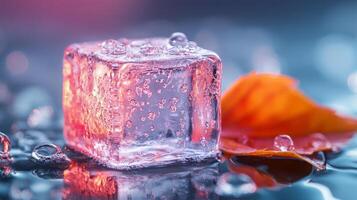 Melting Ice Cube Resting on a Wet Surface With an Autumn Leaf Nearby photo