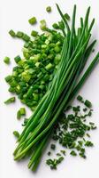 Freshly Chopped Green Onions and Spring Onions Arranged Neatly on a White Background photo