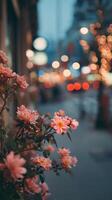 Evening Stroll Along a City Street Adorned With Blooming Pink Flowers and Sparkling Lights photo