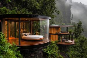 Stylish Glass Houses in the Forest Highlight Unique Architecture Amidst Rainy Weather. photo