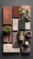 Natural Textures and Materials Displayed on a Dark Surface for Interior Design Inspiration photo