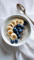 Healthy Breakfast Bowl With Yogurt, Bananas, Blueberries, and Chia Seeds Served in a White Bowl photo