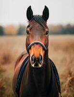 Brown Horse Standing in a Grassy Field During Early Morning Light With Soft Background Details photo