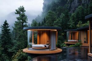 Stylish Glass Houses in the Forest Highlight Unique Architecture Amidst Rainy Weather photo