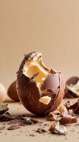Cracked Chocolate Egg With Creamy Filling on a Neutral Background in a Playful Display photo