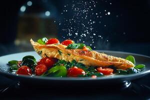 Delicious Spinach and Tomato Omelette Garnished With Herbs on a Dark Background photo
