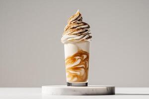Creamy Caramel Swirl Dessert Served in a Clear Cup on a White Table With Soft Light. photo