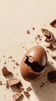 Chocolate Egg Broken Open With Pieces Scattered on Beige Surface Capturing Festive Delight photo