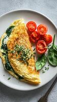 Delicious Spinach and Tomato Omelet Served on a White Plate for Breakfast. photo