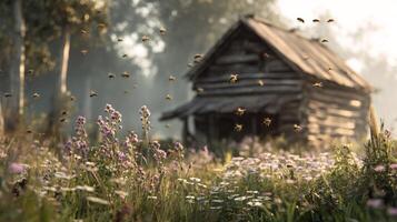 Bees Buzzing Around Wildflowers Near a Rustic Cabin at Sunset in a Serene Countryside photo