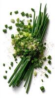Freshly Chopped Green Onions Displayed on a Clean White Surface Ready for Culinary Use. photo