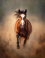 Brown Horse Standing in a Grassy Field During Early Morning Light With Soft Background Details. photo