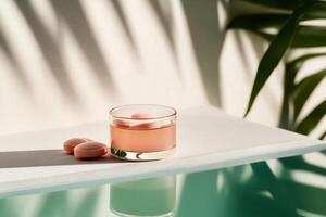 Colorful Drink and Supplements Placed on a Minimalistic Table With Shadows From Indoor Plants photo