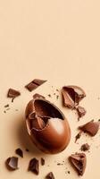 Cracked Chocolate Egg With Creamy Filling on a Neutral Background in a Playful Display. photo
