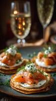 Exquisite Smoked Salmon Canaps Served With Sparkling Drinks in a Cozy Setting photo