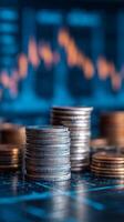 Stacked Coins Represent Financial Growth With Graph Background Showing Market Trends. photo