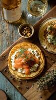 Exquisite Smoked Salmon Canaps Served With Sparkling Drinks in a Cozy Setting. photo