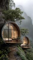 Unique Eco-Friendly Homes Suspended on a Mountainside Surrounded by Lush Greenery in a Misty Morning Light photo