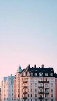 Beautiful Historic Buildings With Architectural Details Against a Clear Sky at Sunset in a City. photo