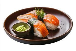 Fresh Sushi Platter Featuring Rolls and Salmon With Wasabi and Soy Sauce on Dark Ceramic Plate. photo