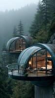 Unique Eco-Friendly Homes Suspended on a Mountainside Surrounded by Lush Greenery in a Misty Morning Light. photo