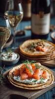 Gourmet Platter Featuring Smoked Salmon on Rye With White Wine Served in a Modern Dining Setting. photo