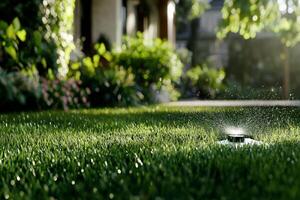 Sprinkler System Watering Lush Green Lawn in Residential Garden During Sunny Afternoon Hours. photo