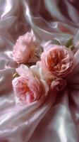 Delicate Pink Roses Arranged Beautifully With Soft Fabric in a Close-Up Setting. photo