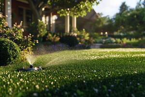 Sprinkler System Watering Lush Green Lawn in Residential Garden During Sunny Afternoon Hours photo