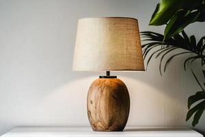 Elegant Wooden Lamp With Linen Shade and Plant in Modern Interior photo