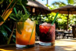 Refreshing Cocktails Served in Tropical Setting on Wooden Table During Sunny Afternoon. photo