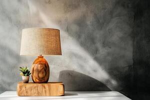 Elegant Wooden Lamp With Linen Shade and Plant in Modern Interior. photo
