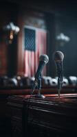Courtroom Setting With Microphones and American Flag in Background During a Legal Proceeding photo