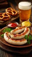 Grilled Sausages Served With Pretzels and Craft Beer on Rustic Wooden Table photo