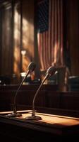 Courtroom Setup With Microphones and American Flag in the Background Before a Legal Proceeding. photo