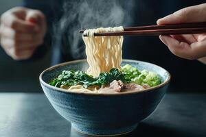 Enjoying Hot Noodles in a Cozy Setting With Fresh Greens and Savory Toppings photo