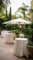 Outdoor Garden Setup With Tables and Flowers for a Special Event in a Serene Atmosphere photo