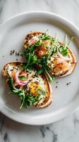 Delicious Brunch Dish Featuring Eggs, Smoked Salmon, and Greens on Toasted Bread photo