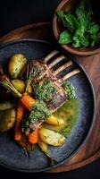 Savory Grilled Lamb Chops With Roasted Vegetables and Mint Garnish on a Rustic Table. photo