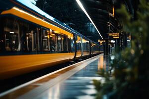 Train Arriving at a Modern Station During Evening Twilight With Vibrant Lights photo