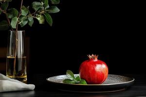 Colorful Fruit Salad With Pomegranate and Mint Served Elegantly on a White Plate. photo