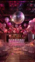 Elegant Party Setup With Purple Balloons and a Disco Ball in a Lively Venue. photo